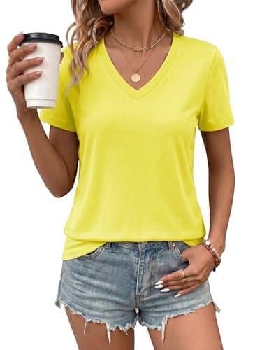 LaGracia Women's Cotton T Shirt V-Neck Short Sleeve Shirt Classic-Fit Casual Breathable Tee Summer Basic Tops Yellow L - Image 1