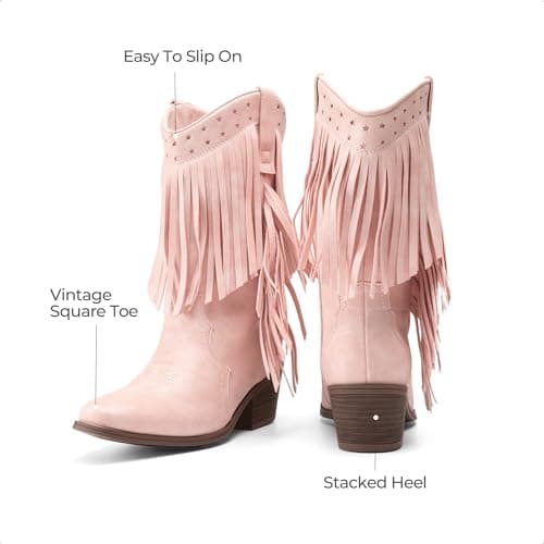 DREAM PAIRS Girls Cowboy Boots with Tassel Fringe Cowgirl Boots Kids Western Boots Stylish & Comfortable,Size 12 Little Kid,Pink,KKUMMB2508 - Thumbnail 5