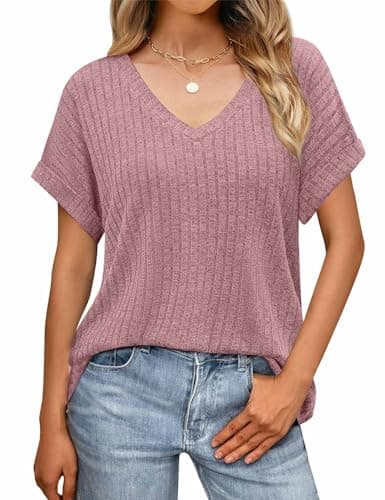 JUSTFASHIONNOW Womens Summer Tops 2026 Trendy Short Sleeve V Neck T Shirts Split Side Cute Tops Flowy Blouses Vacation Outfits Pink L - Thumbnail 2