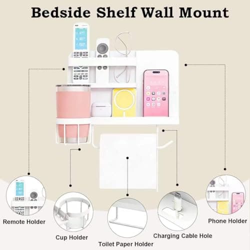 Bedside Wall Organizer,Floating Bedside Shelf Wall Mount Organizer,Cute Room Decor Aesthetic,Girls Room Decor, Cool Stuff for Bedroom Storage and Organization - Thumbnail 4