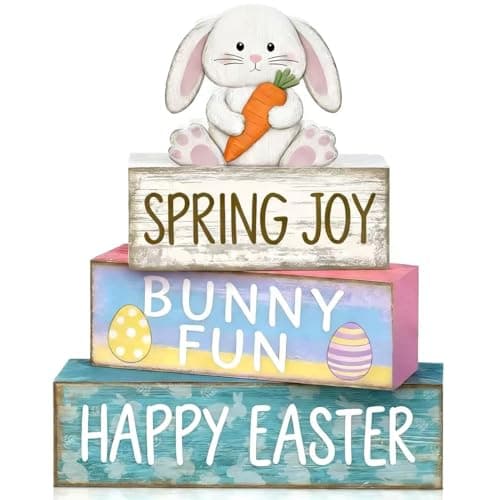 4 Pcs Easter Wooden Bunny Decorations Rustic Rabbit Block Signs for Tiered Tray Easter Centerpiece Farmhouse Cute Bunny Decor Holy Week Party Table Decor for Kitchen & Spring Home Decor - Image 1