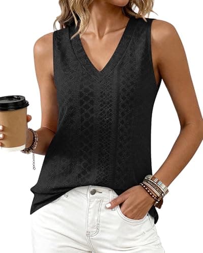 BTFBM Womens Tank Tops 2026 Summer Casual Loose Eyelet V Neck Sleeveless Shirts Basic Spring Top Beach Vacation Clothes(Black, XX-Large) - Image 1
