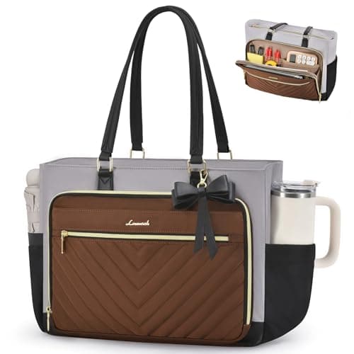 LOVEVOOK 17 Inch Laptop Tote Bag for Women, Work Bag for Nurse with Large Cup Holder, Nurse Diaper Bag for Travel, Computer Women's handbags for Teacher gift, Brown-gray-black