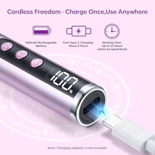 Makartt Pen-Shaped Rechargeable Nail Drill for Beginners: 25,000 RPM Cordless Electric Nail File with 5-Speed LED Display, Lightweight Quiet E File Kit for Gel Polish Removal, Home Travel Use(Purple) - Thumbnail 5