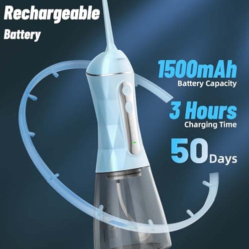 Water Dental Flosser Pick for Teeth Portable Oral Irrigator Rechargeable Travel Irrigation Cleaner 320ML Electric Flossing, IPX8 Waterproof, Waterproof Flossing Cleaning Picks for Home Travel (Blue) - Thumbnail 4
