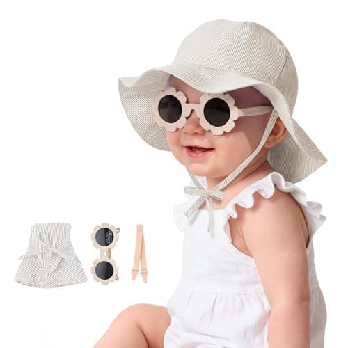 Durio UPF50+ Baby Sun Hat and Sunglasses - Sun Protection Hat for Boy Girl, Wide Brim Summer Beach Hats for Newborn Toddler Beige 12-24 Months - Image 1