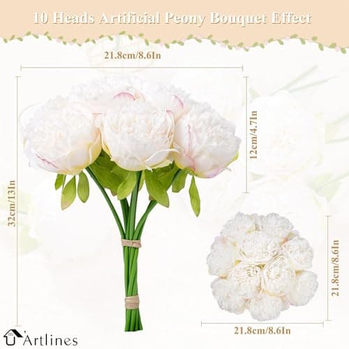 U'Artlines 2 Bouquet 10 Heads Artificial Peony Silk Flower Leaf Home Office Wedding Party Festival Bar Decor (Cream White) - Thumbnail 2