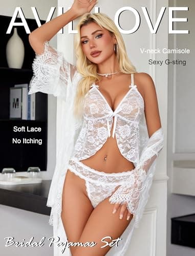 Avidlove Sexy Pajama Set for Women V-neck Bridal Lingerie Womens Pjs Lace Cami Pajama Set White 2XL - Thumbnail 2