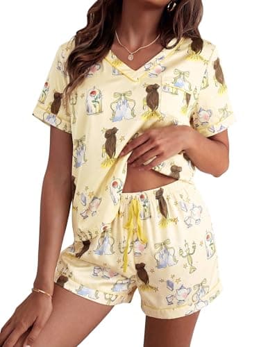 ASTANFY Pajamas for Women Set Two Piece Cherry Graphic Pjs Satin Princess Sleepwear Summer V Neck Short Sleeve Loungewear - Image 1