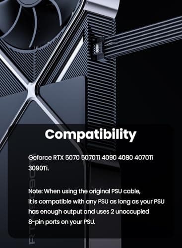 Fasgear 16 Pin GPU Cable Adapter - PCIe 5.0 12VHPWR Extension 30cm - (12+4) Male to PCIE 2x8Pin Female Sleeved 12v-2x6 Extender Cord for GeForce RTX 5070 ti 4090 4080 4070 ti 3090 ti Black - Thumbnail 3