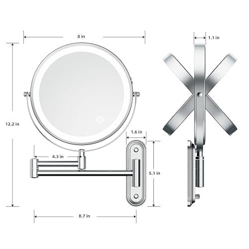 Rocollos Rechargeable Wall Mounted Lighted Makeup Mirror, 8 Inch Double-Sided LED Vanity Mirror 1X/10X Magnification,3 Color Lights Touch Screen Dimmable (Narrow Base-Chrome) - Thumbnail 5