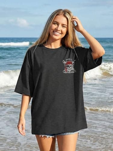 Pirate Shirt Women Vintage Graphic Oversized Skeleton Shirt Funny Casual Skull Short Sleeve Top - Thumbnail 4