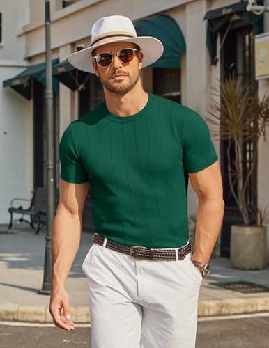 COOFANDY Mens Casual Shirts Summer Short Sleeve Dress T Shirts Knit Tee Shirts Crew Neck Tshirt for Beach - Thumbnail 3