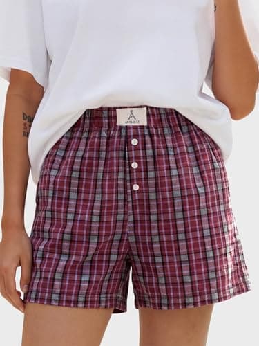ANRABESS Shorts for Women 2026 Summer Casual Lounge Pajama Sleep Gingham Boxer Shorts Soft Comfy Beach Pj Bottoms Pockets Red Grey Plaid Large - Thumbnail 2