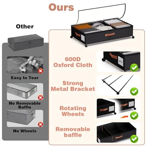 DCET 2 Pack Under Bed Storage with Wheels, 66L Rolling Underbed Containers with Clear Lid & Adjustable Dividers, 600D Oxford Fabric, Phthalate Free & Prop 65 Compliant, Heavy Duty Metal Frame, Black - Thumbnail 6