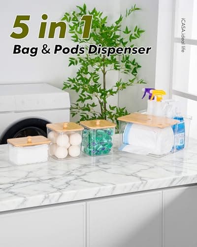 iCASA Trash Bag and Pod Dispenser - 5 in 1 Acrylic Under Sink Organizer with Bamboo Lid, Holds Garbage Bags, Dishwasher Pods, Laundry Tabs, Dryer Sheets & Balls for Kitchen, Pantry, Laundry Room - Thumbnail 2