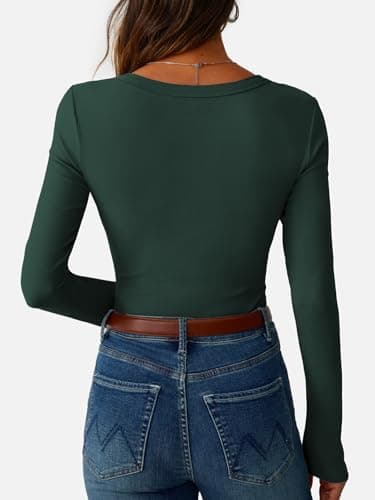 GKBK Womens Long Sleeve Ribbed Tops Fitted Stretch Basic Tee Shirts Casual Crewneck Tight Layering Lightweight Sweaters 2026 Fall Fashion Outfits Dark Green - Thumbnail 4