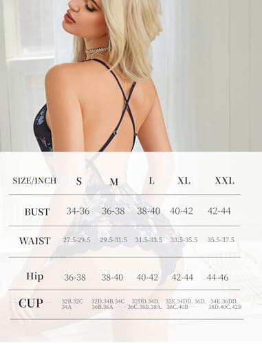Avidlove Women's Lingerie Lace Crisscross Mesh Sleep Cami Romper Sexy One Piece Pajamas Navy Blue XL - Thumbnail 6