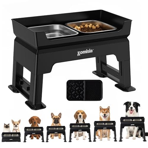 ZOMISIA 3-in-1 Raised Dog Bowl - 6 Height Adjustable Elevated Dog Bowls Stand, Double Deck Design Mess Proof, Feeding Station with 2 Stainless Steel Bowls & Licking Plate for Small Medium Large Pets