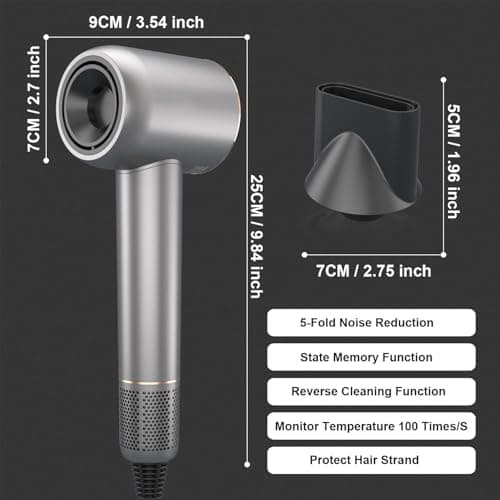 Hair Dryer - 110000 RPM High-Speed Brushless Motor Negative Ionic Blow Dryer for Fast Drying, Low Noise Thermo-Control Hair Dryer with Magnetic Nozzle, Silvery - Thumbnail 2