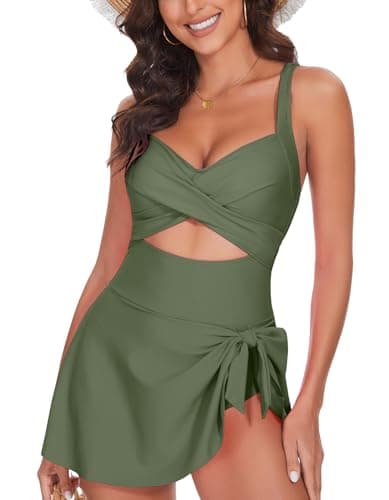 MFAVIP One Piece Swimsuit for Women, Tummy Control Swim Dress Army Green
