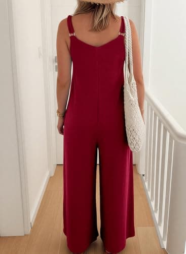 Acelitt Women Casual 2026 One Piece Jumpsuits Dressy Fashion Summer V Neck Sleeveless Loose Wide Leg Long Pant Rompers Outfits Red XL - Thumbnail 2