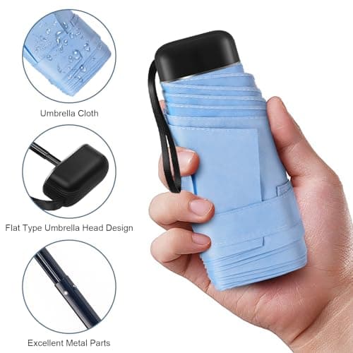 LEAGERA Compact Travel Umbrella with Case - Mini Umbrella for Purse, Small Lightweight &Tiny Design Perfect for Parasol Outdoor Sun&Rain Umbrellas, Light Blue - Thumbnail 4