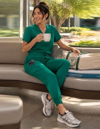 VECARDI Women's Scrub Jogger Pants High Waisted Stretch Nurse Work Bottoms 5 Pockets Elastic Waist Slim Fit Hunter Green - Thumbnail 2