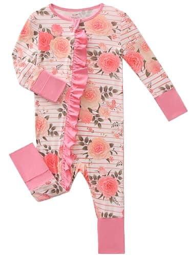 Joonberry Infant Baby Girl Clothing Bamboo Rayon Footies, Newborn outfit Footed Long Sleeve Jumpsuit with Zipper and Mitten Cuffs (Pink Floral, 8-12M) - Image 1