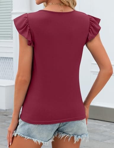 JUSTFASHIONNOW Womens Ruffle Short Sleeve Tops Cute Red Summer Shirts Dressy Casual Crew Neck Blouses 2026 Fashion Outfits(Wine Red,Medium) - Thumbnail 3