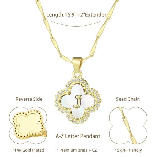 LETFLY Four Leaf Clover Initial Necklaces for Women, 14K Gold Plated Natural Shells Clover Letter Pendant, Alphabets J Necklace Jewelry Gifts for Women - Thumbnail 5