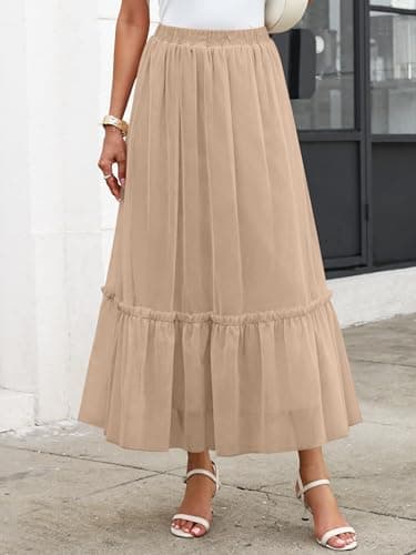 ANRABESS Maxi Skirts for Women Tulle Long Tiered Elastic High Waisted A Line Flowy Dressy Casual Skirt 2026 Fall Trendy Light Tan Medium - Thumbnail 5