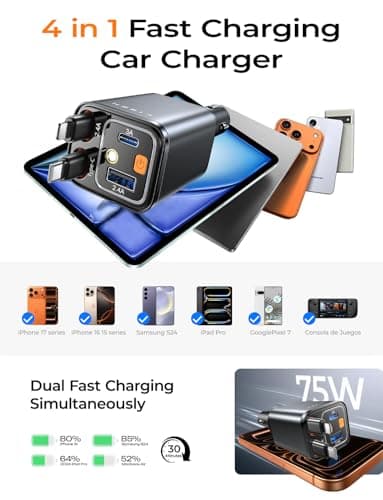 LISEN 4 in 1 Starlight Retractable Car Charger, 75W USB C Cigarette Adapter Fast Charging, Starlight Retractable Car Accessories for Women Mom, for iPhone 17 Pro Max Air 16 15 14 13 12 - Thumbnail 5
