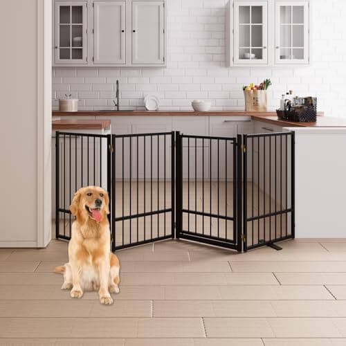 HMHTCT 4 Panels Full Metal Freestanding Dog Gates with Door, 80” W x 32” H Folding Pet Gate Fence with Support Feet for Indoor,Stairs, Hallways and Doorways(Black) - Image 1