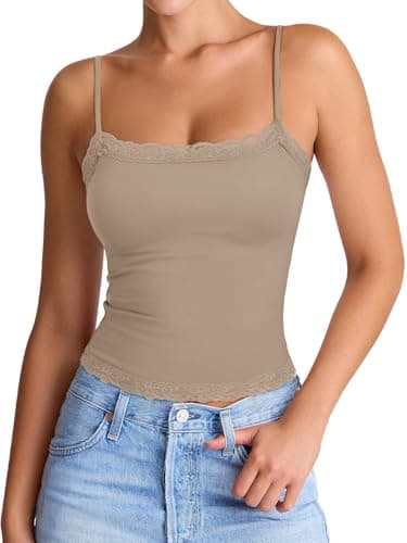 PINKMSTYLE Women Fitted Cami Top Square Neck Spaghetti Strap Tank Tops Slim Double Lined Sleeveless Y2k Going Out Cute Top Taupe Large - Image 1