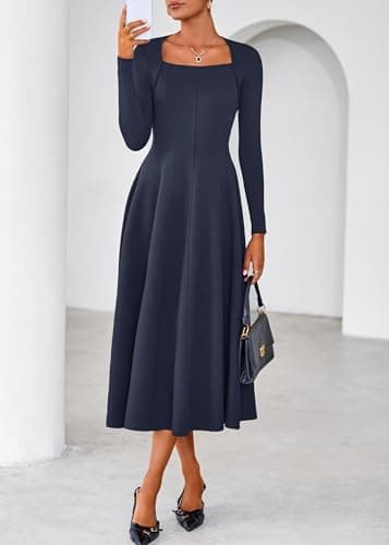 Lazysmile Long Sleeve Fall Dresses for Women Square Neck A Line Flowy Casual Elegant Wedding Guest Party Maxi Dress Navy - Thumbnail 4