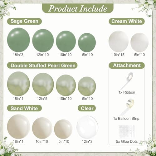 Sage Green Balloon Arch Kit 108Pcs Double Stuffed Pearl Green Sage Green Sand White Clear Balloons for Bridal Shower Baby Shower Birthday Wedding Engagement Party Decorations - Thumbnail 5
