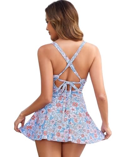 MFAVIP One Piece Swimsuit Women Tummy Control Swim Dress Sexy Criss Cross Tie Back Bathing Suit Blue Print - Thumbnail 2