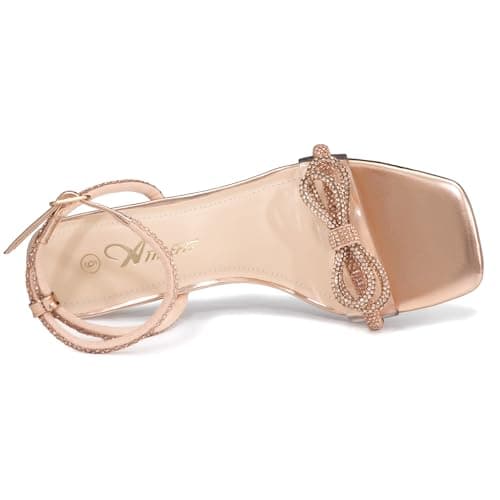 Athlefit Women's Rhinestone Bow Heels Open Square Toe Block Low Heel Sandals Dressy Buckle Heeled Champagne Prom Heels Size 7 - Thumbnail 4