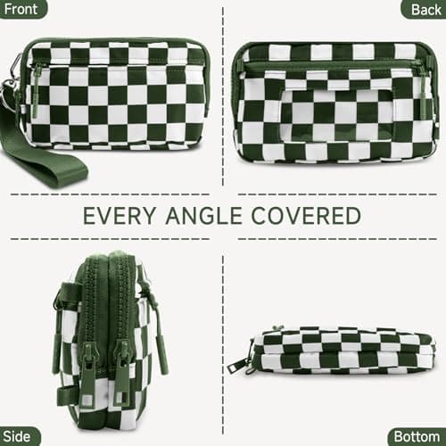 NBERMOTION Checkered Nylon Wristlet Wallets for Women RFID Blocking Purse With Credit Card Holder & Crossbody Strap(Pea Green) - Thumbnail 5