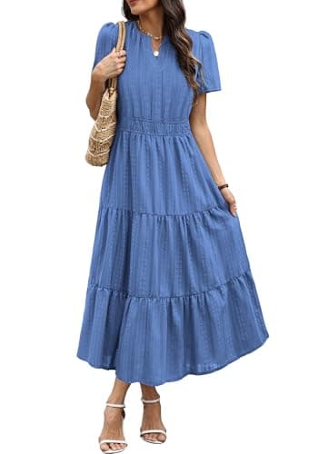 RUMIA Maxi Dress for Women Summer Casual Short Sleeve V Neck Beach Dress with Pockets BlueGray 2XL - Thumbnail 2
