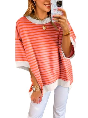 XINWEIZZ Oversized T Shirts for Women Casual Short Sleeve Striped Knit Shirt Crewneck Sweatshirts High Low Loose Blouse Tops - Image 1
