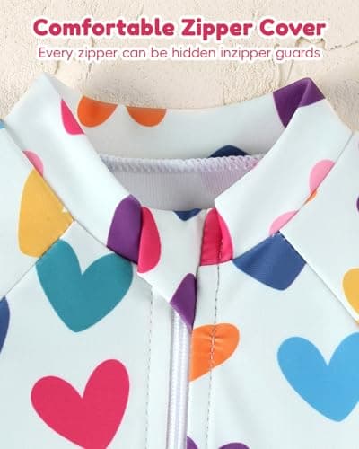 DivingBirds Baby Girls Long Sleeve Swimsuit with Hat, Toddler Girls Bathing Suit with Snap and Zipper Heart Print for 2-3 Years - Thumbnail 4