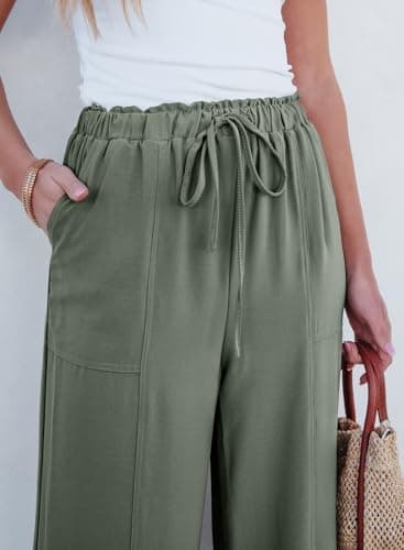 Dokotoo Wide Leg Pants Woman Palazzo Pants 2026 Drawstring Flowy Elastic Waist Petite Casual Dress Trousers Vacation Outfits with Pockets Beach Vacation Clothes,Olive XX-Large - Thumbnail 4