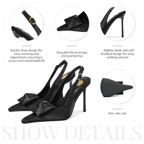 Atsroel Slingback High Heels for Women Pointed Toe Buckle Floral Knot Pumps Silk Stiletto Heels Comfortable Dressy Wedding Heeled Shoes Black Heels - Thumbnail 5