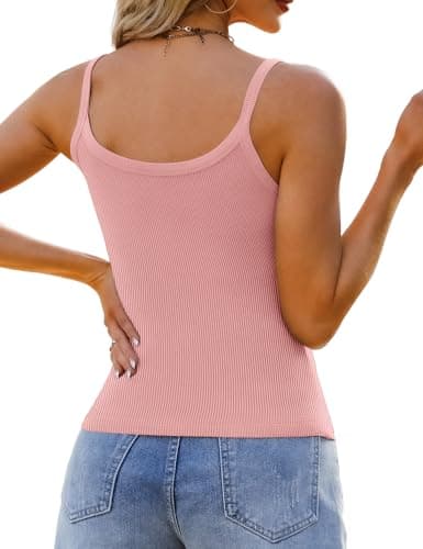 GKBK 2 Pack Womens Sleeveless Tank Top Form Fitting Spaghetti Strap Scoop Neck Ribbed Knit Workout Lounge Basic Slim Fitted Crop Summer 2026 Cami Layering Casual Shirts Pink Red M - Thumbnail 3
