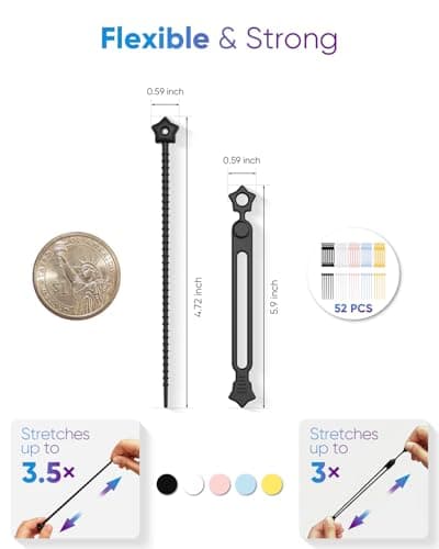 KLKE 52-Pack Silicone Cable Ties, Reusable Cord Organizer Straps With 2 Binding Methos, Durable & Stretchable Wire Management for Home, Office, Travel (Multicolor) - Thumbnail 3