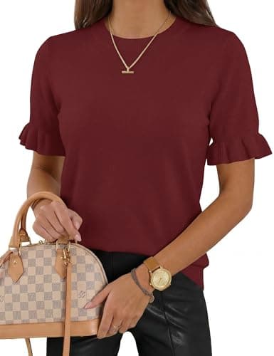 LaGracia Womens Short Sleeve Sweaters Crew Neck Sweater Puff Short Sleeve Shirt Business Casual Work Tops 2026 Summer Outfits DarkRed XL - Image 1