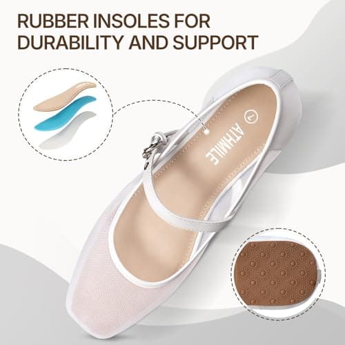 ATHMILE Women's White Mesh Flats for Women Mary Janes Shoes Women Square Toe Ballet Flats with Adjustable Strap, Slip-On Comfortable Casual Dress Shoes for Office, Date Night and Daily Wear Size 9 - Thumbnail 5