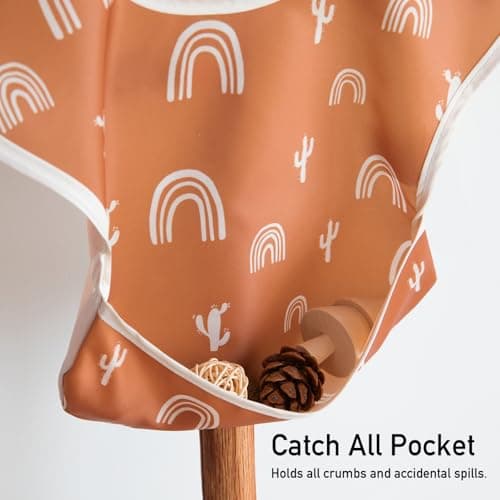 CIVARUA KIDS 3-Pack Waterproof Baby Bibs for Eating - Mess Proof Lightweight Toddler Feeding Bibs with Large Food Catcher, Food-Grade Baby Eating Essentials, Easy to Put On & Clean (Orange Rainbow) - Thumbnail 4